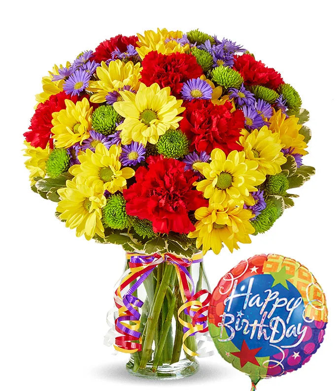 Festive Floral Garden with Birthday Balloon
