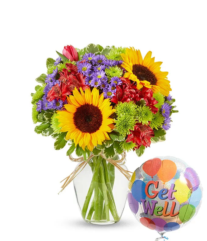 Utopian Sunflower Garden with Get Well Balloon